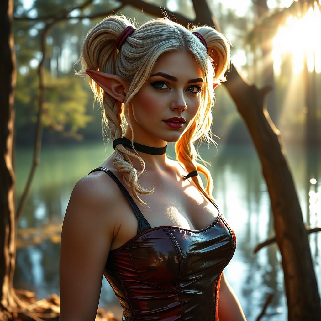 Beautiful Elf Woman in Latex Dress Outdoors