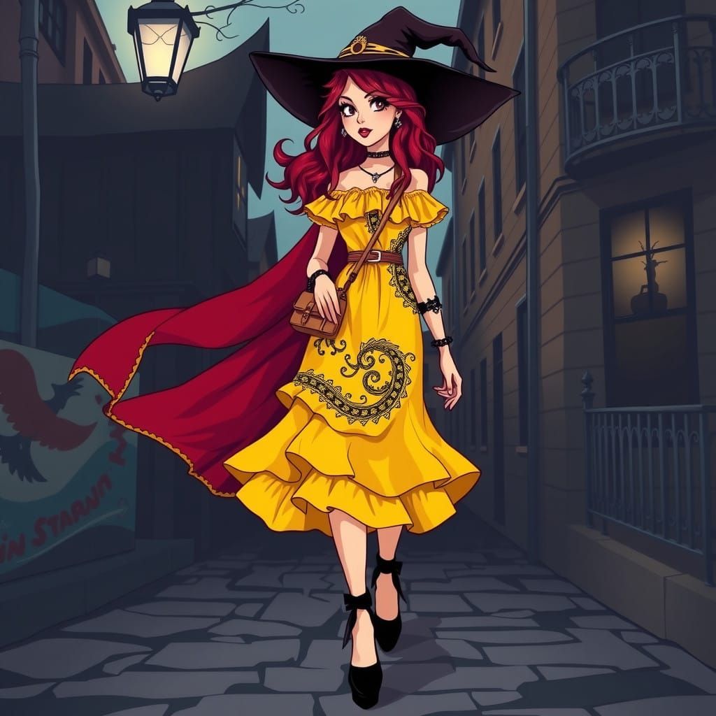Gothic Witch in Vibrant Yellow and Burgundy Embroidery