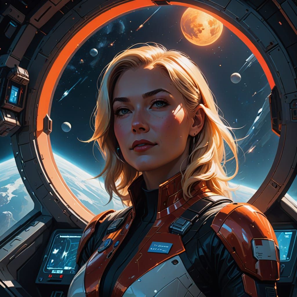 Athletic Pleiadian Woman in Futuristic Spaceship Cockpit