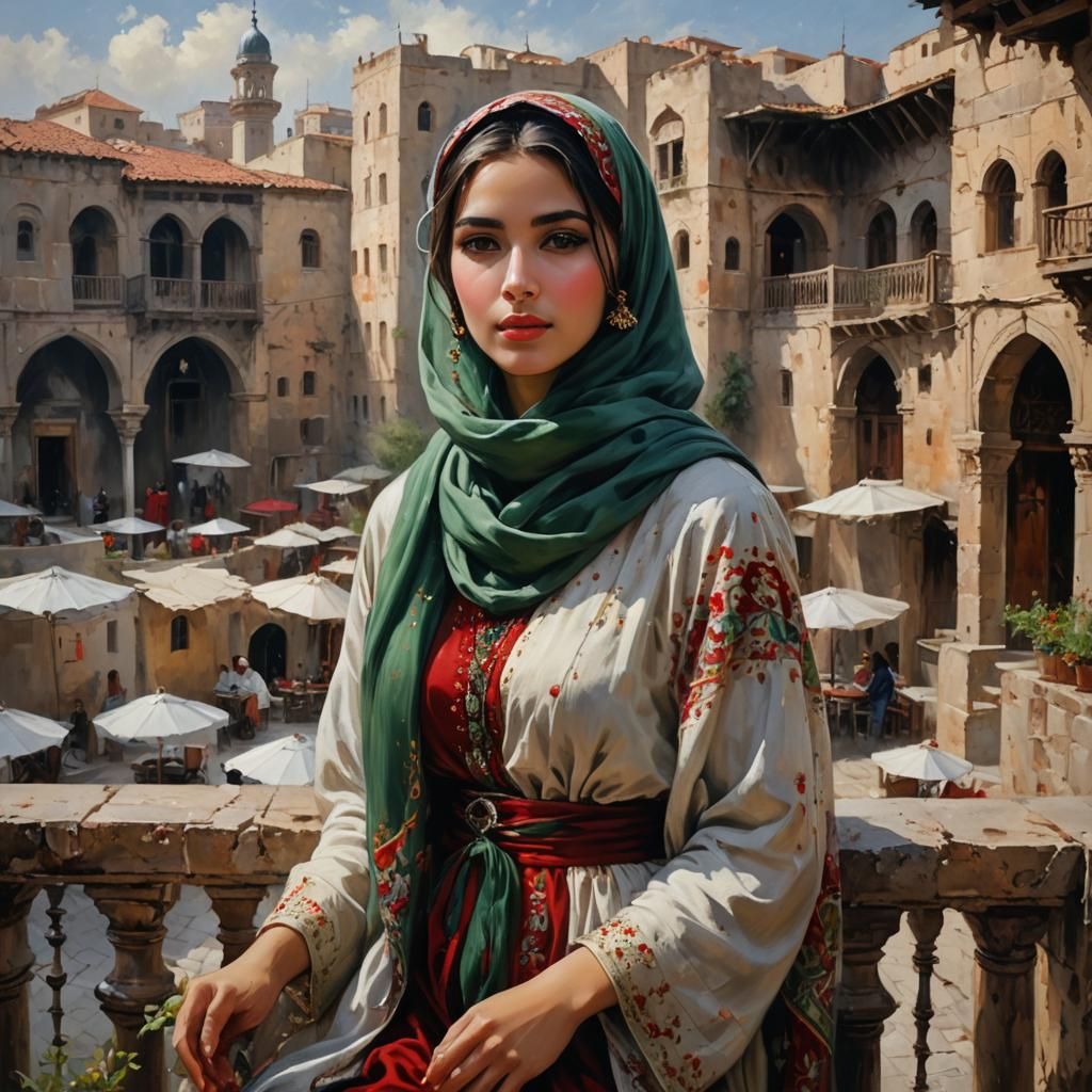 beautiful female wearing hijab in terrace, casbah, dark hair, natural beauty, splash art, oil canvas,red velvet, royo, b...