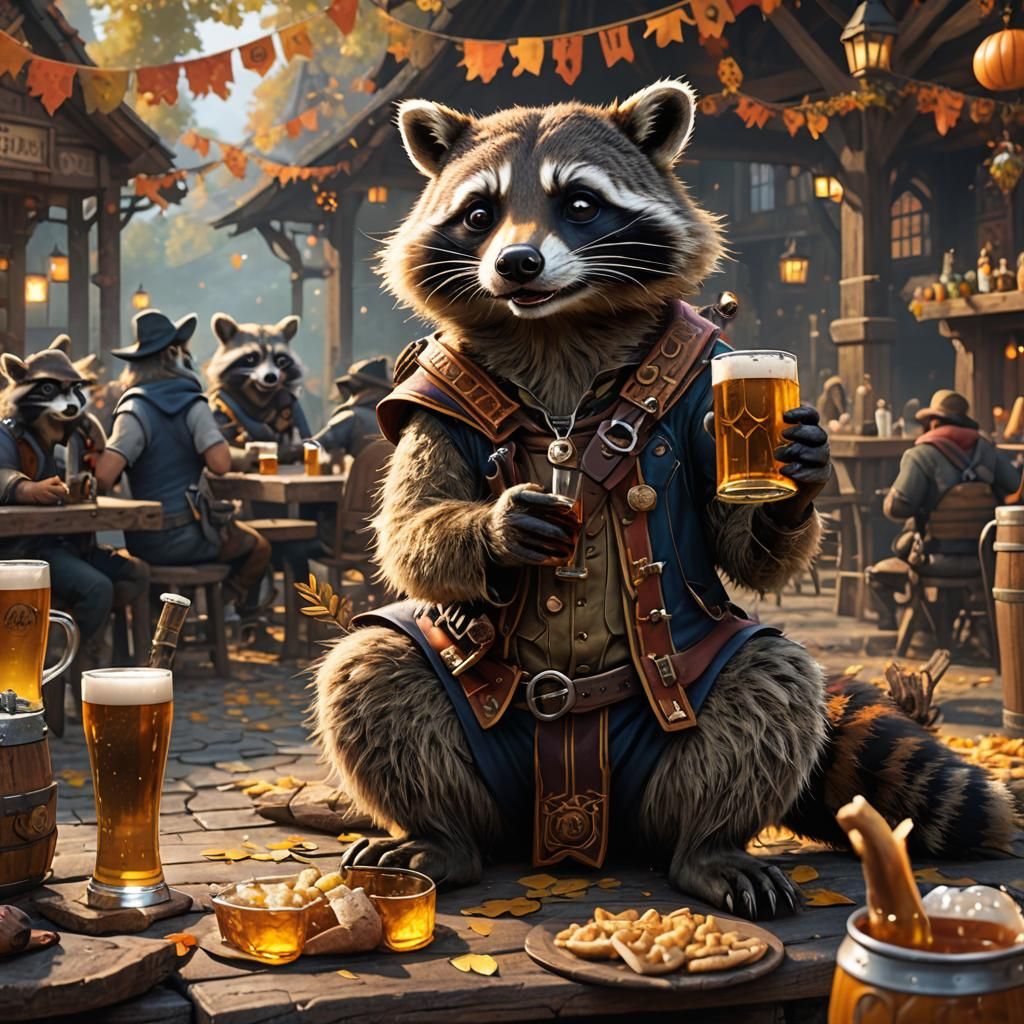 German Raccoon Celebrates Oktoberfest: Detailed Matte Painti...