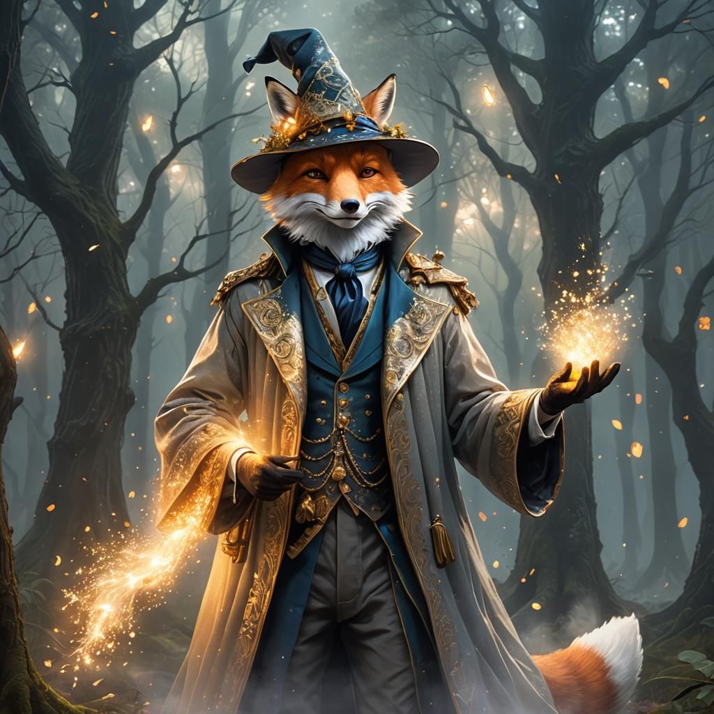 Fox Wizard Surrounded by Magic Aura in Forest
