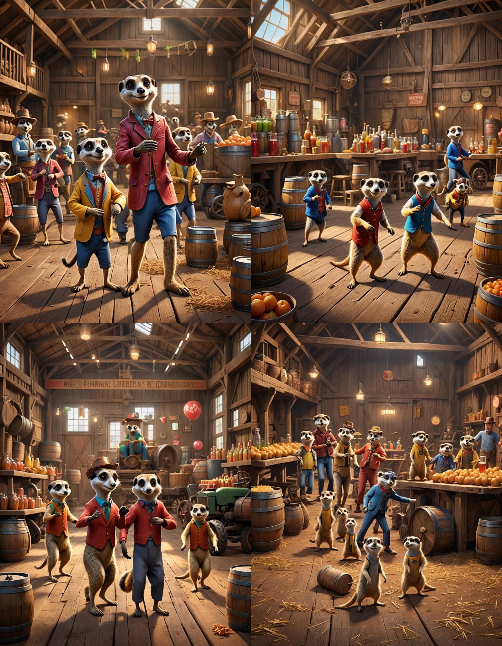 Meerkat Hoedown in American Barn: Pixar-Style 3D Art