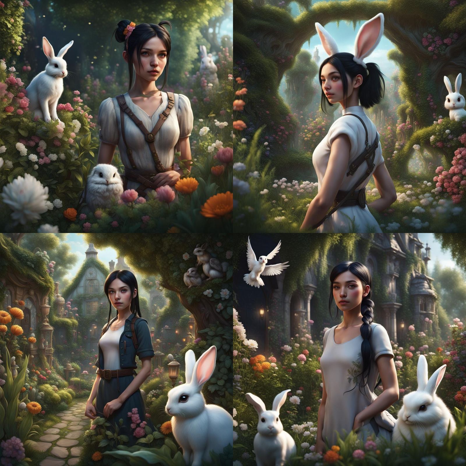 Girl in Lush Garden with Bunny and Owl