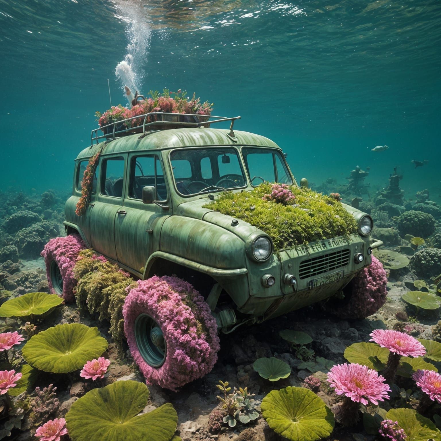 Hippie Submarine Truck Cruising on a Vibrant Pink Crystal