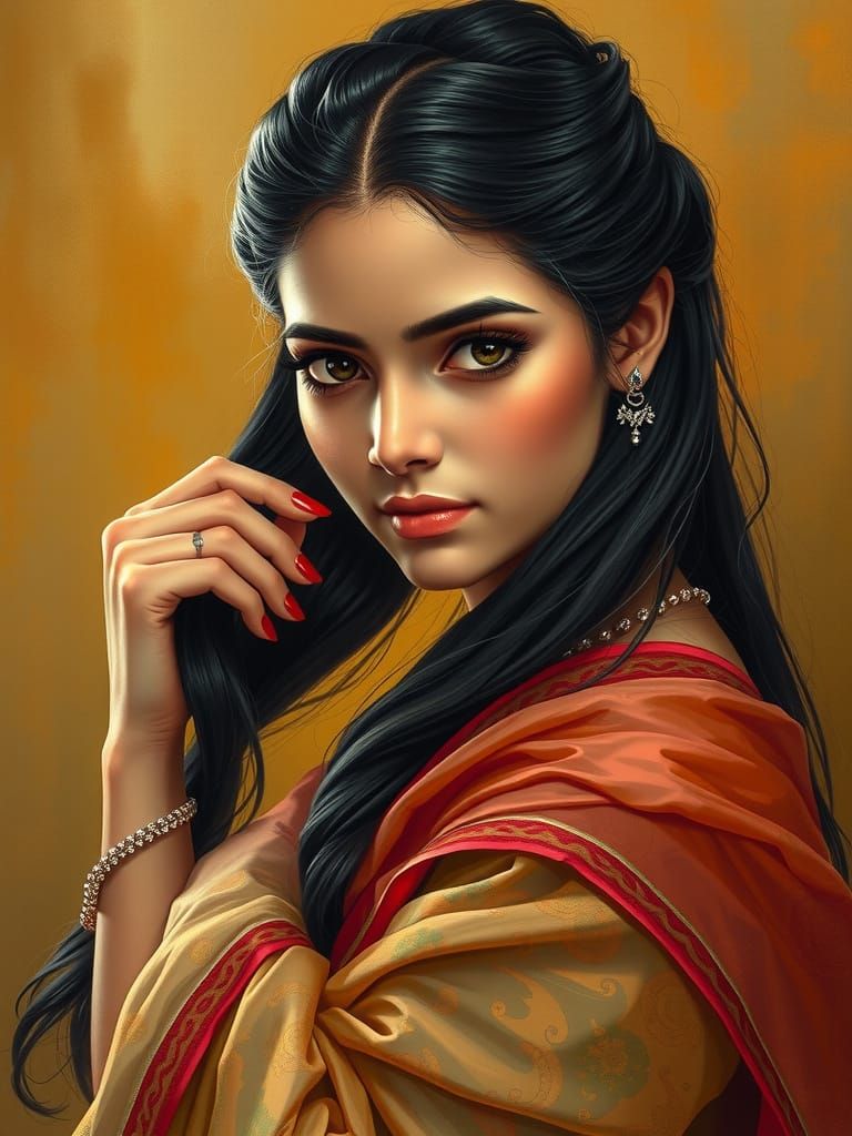 Elegant Indian Woman Combing Hair in Art Nouveau Style