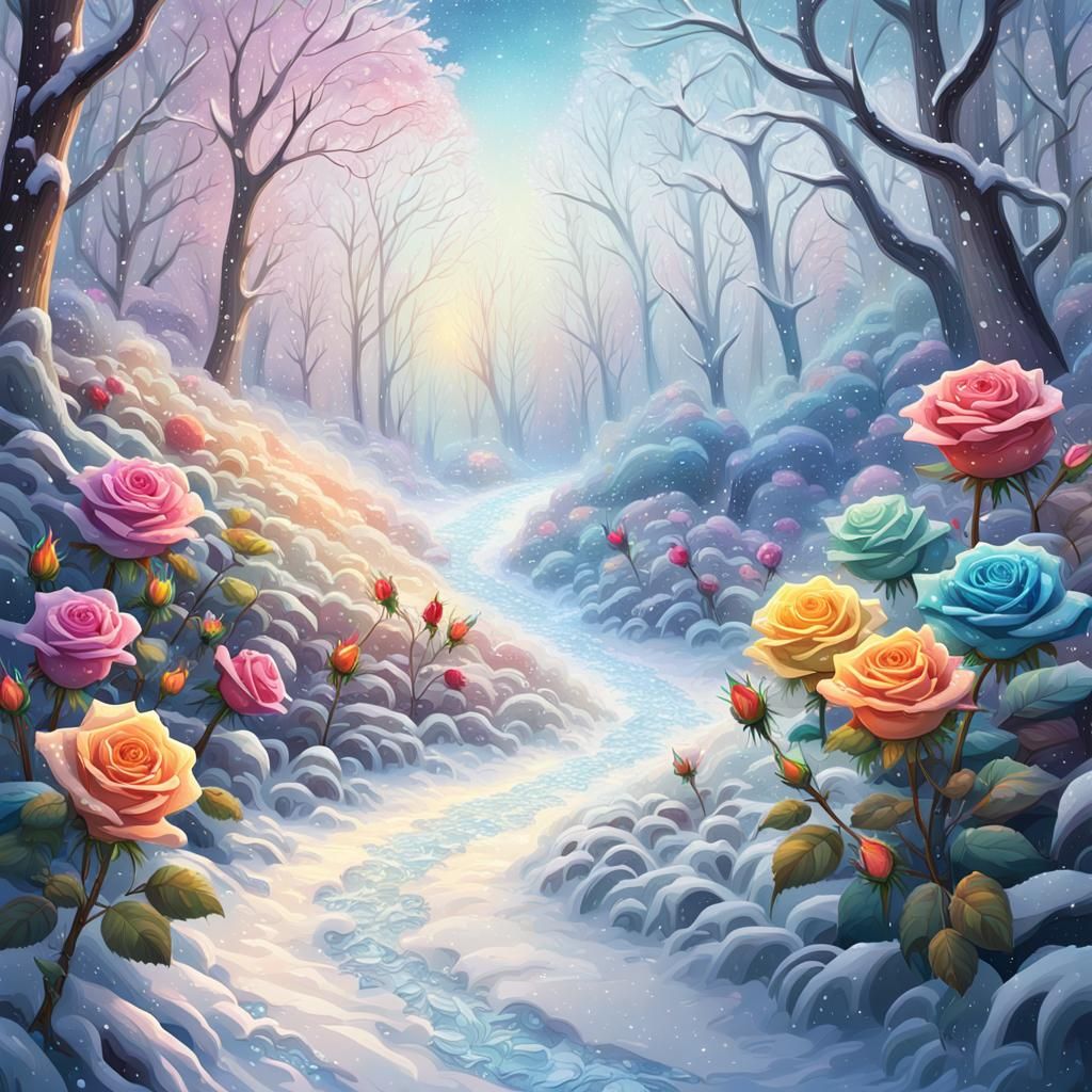 Rainbow Roses in Snowy Forest: Fantasy Concept Art