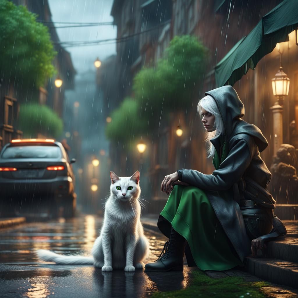 White-Haired Thief in Rainy Cityscape, Detailed Digital Art