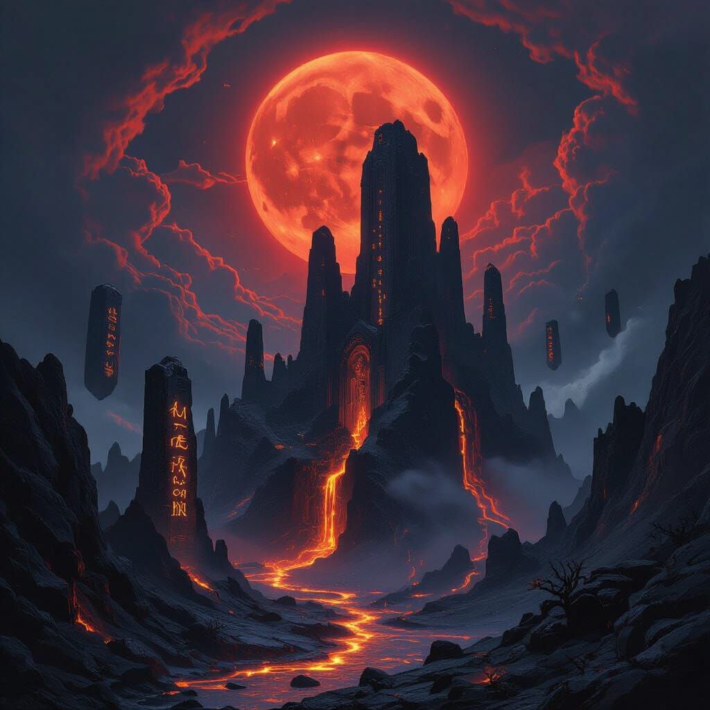 Gothic Ruins and Lava Rivers in Dark Fantasy Landscape