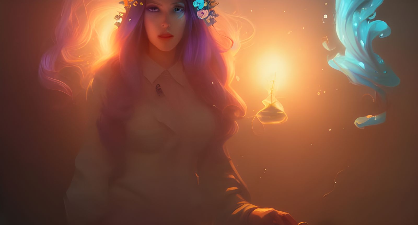 Alchemist in Cozy Lab with Potions, Fantasy Art