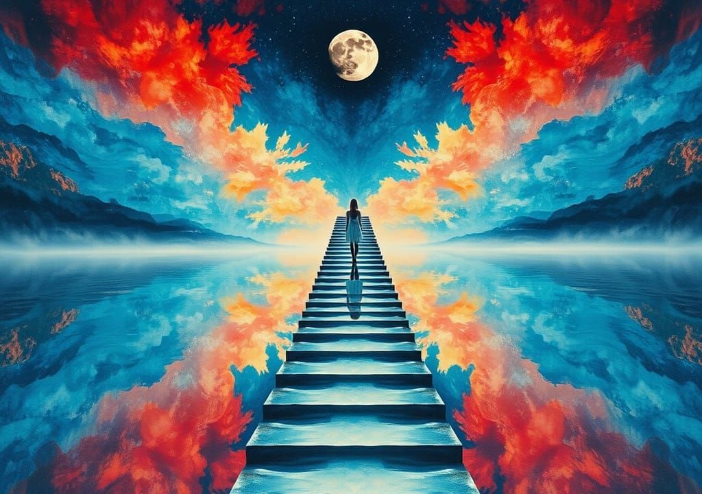 Ethereal Visionary Watercolor of a Woman on a Silent Lake, w...