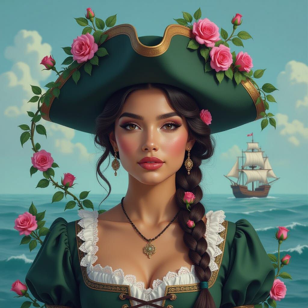 A surreal portrait of a  Latina  woman in a historical trico...