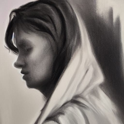 Woman in Cyberpunk Cityscape: Romanticism-Inspired Oil Paint...