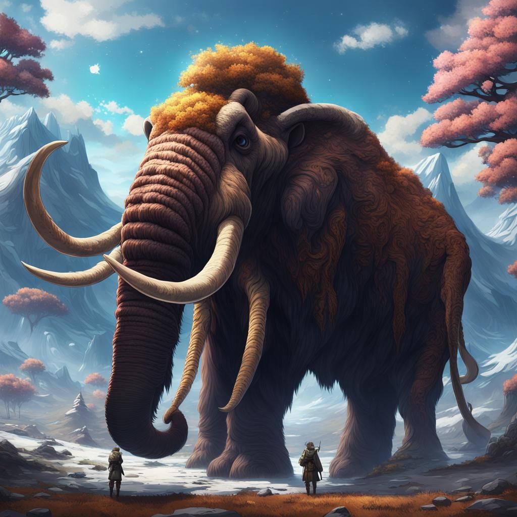 Flat Earth Anime with Mammoths: Detailed Matte Painting