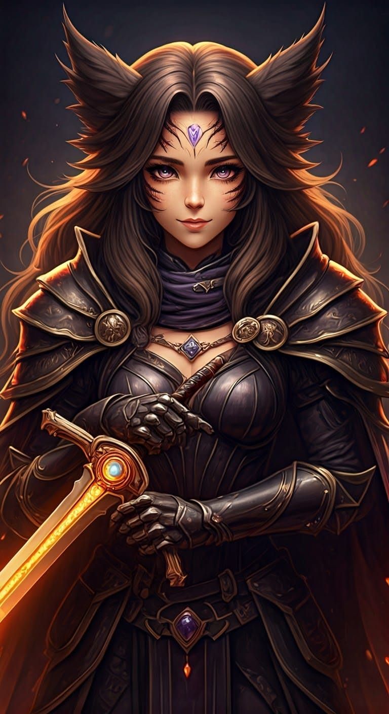 Elegant Catfolk Warrior in Dark Leather Armor