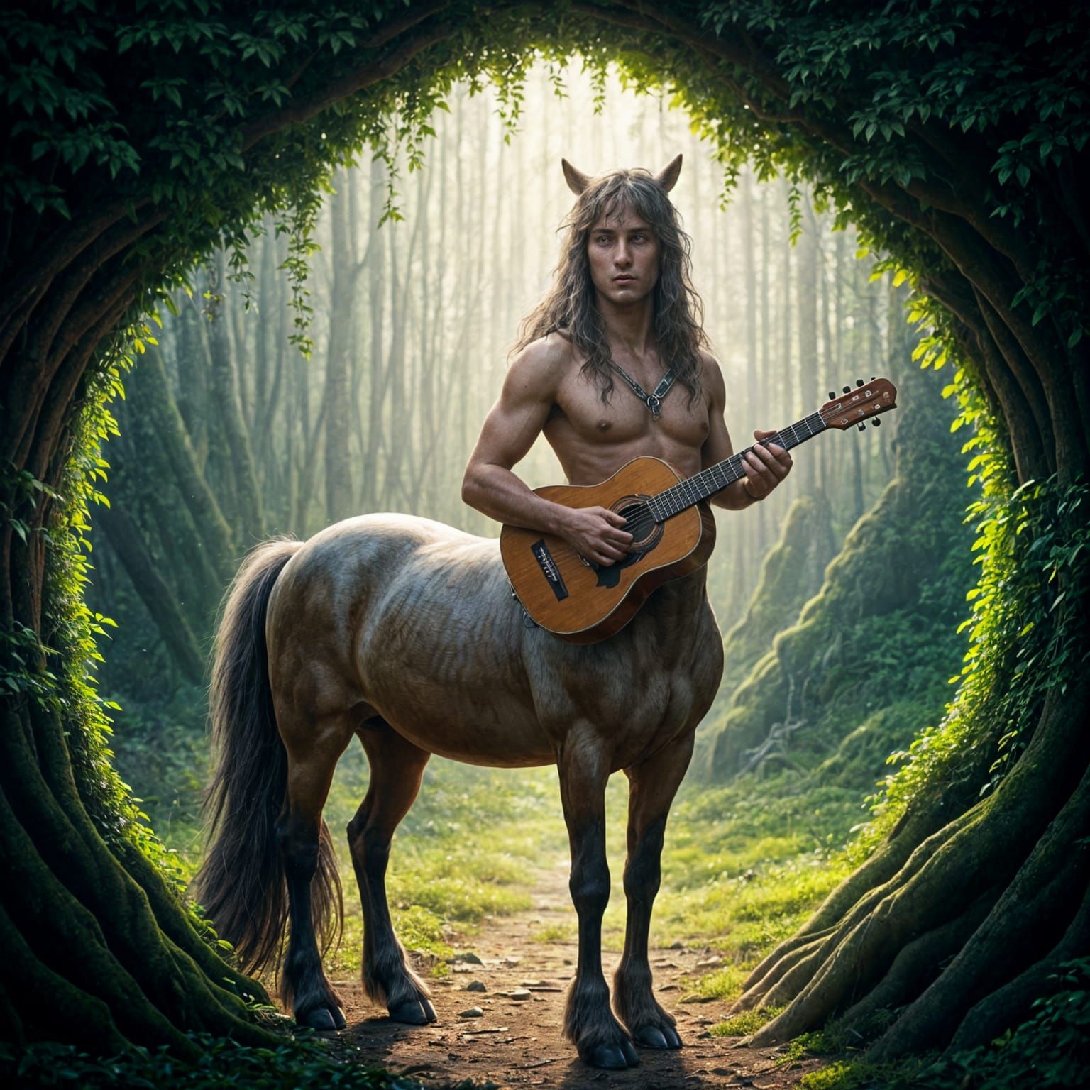 Centaur Plays Music in Atmospheric Nature Scene