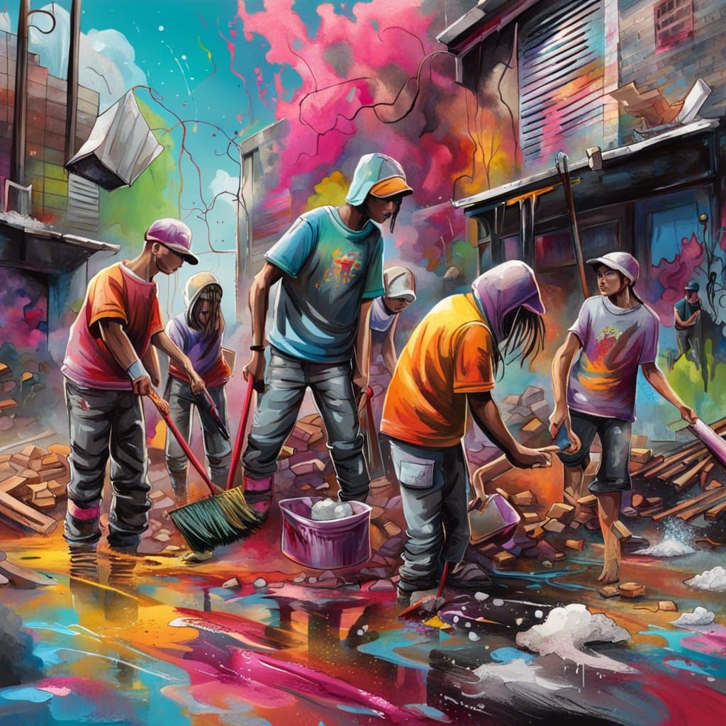 Teenagers Cleaning Up After Natural Disaster in Graffiti Art