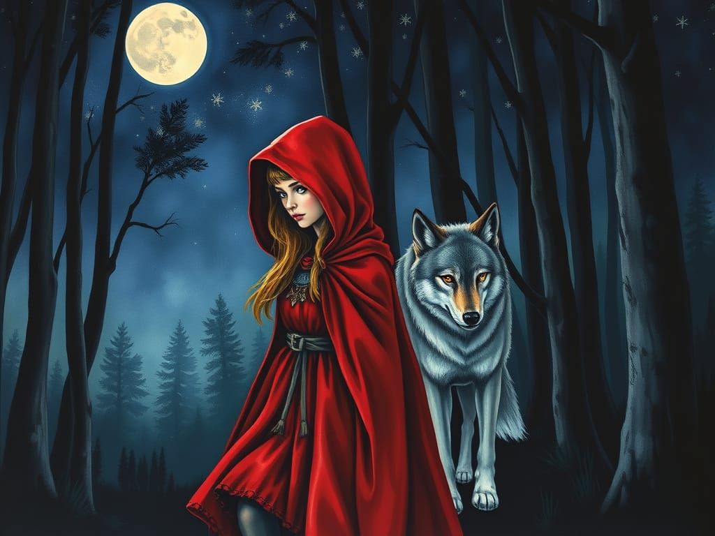 Red Riding Hood and Wolf in Dark Woods