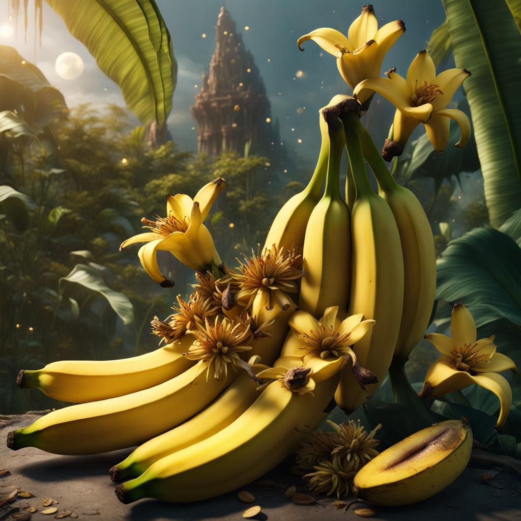 Golden Bananas on a Flowering Banana Plant