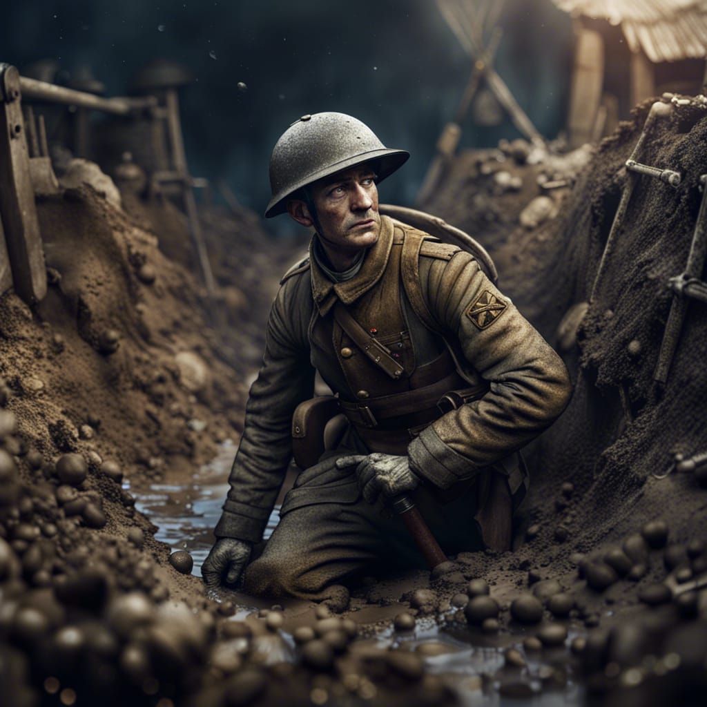 WWI Soldier in Trench: Detailed Matte Painting