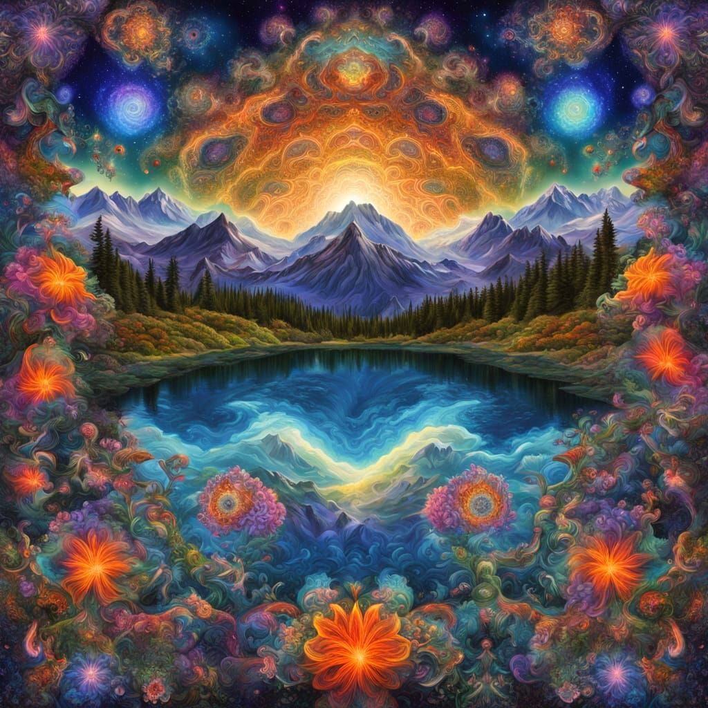 Kaleidoscopic Mountain Lake Under Cosmic Sky