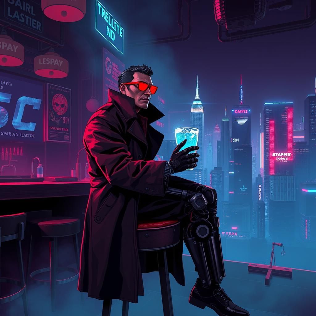 Cyborg Detective in Neon Cyberpunk Bar: 8-bit Pixel Art