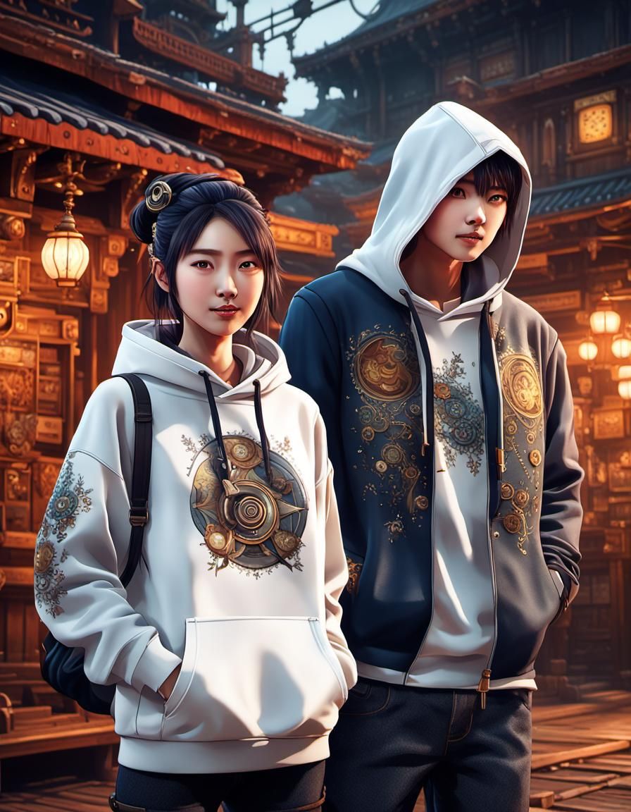 Steampunk Couple in Japanese Astral Illustration