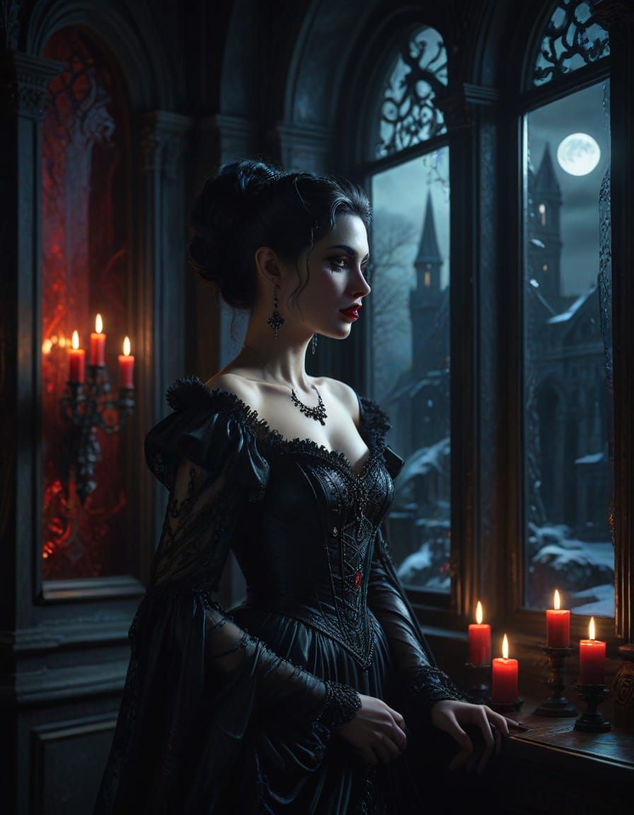 Elegant Dark Vampire Queen in Baroque Setting