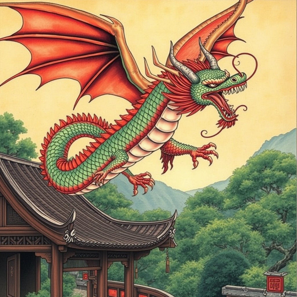 Serpentine Dragon Soaring Above Asian House in Ukiyo-e Style