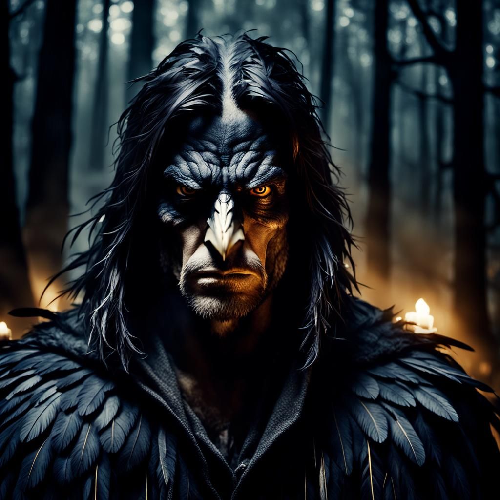 Raven Mocker in Misty Forest, Cinematic Still