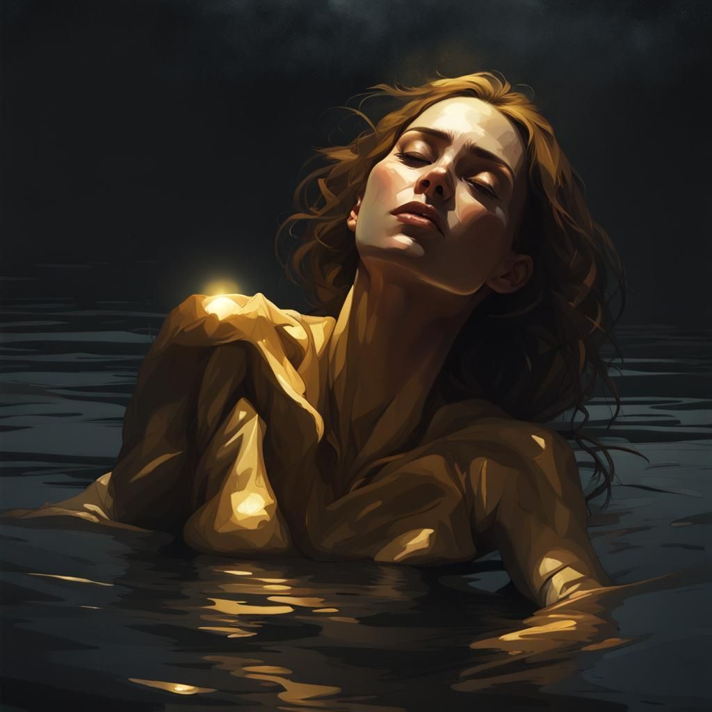 Woman Floating in Dark Sea with Golden Light