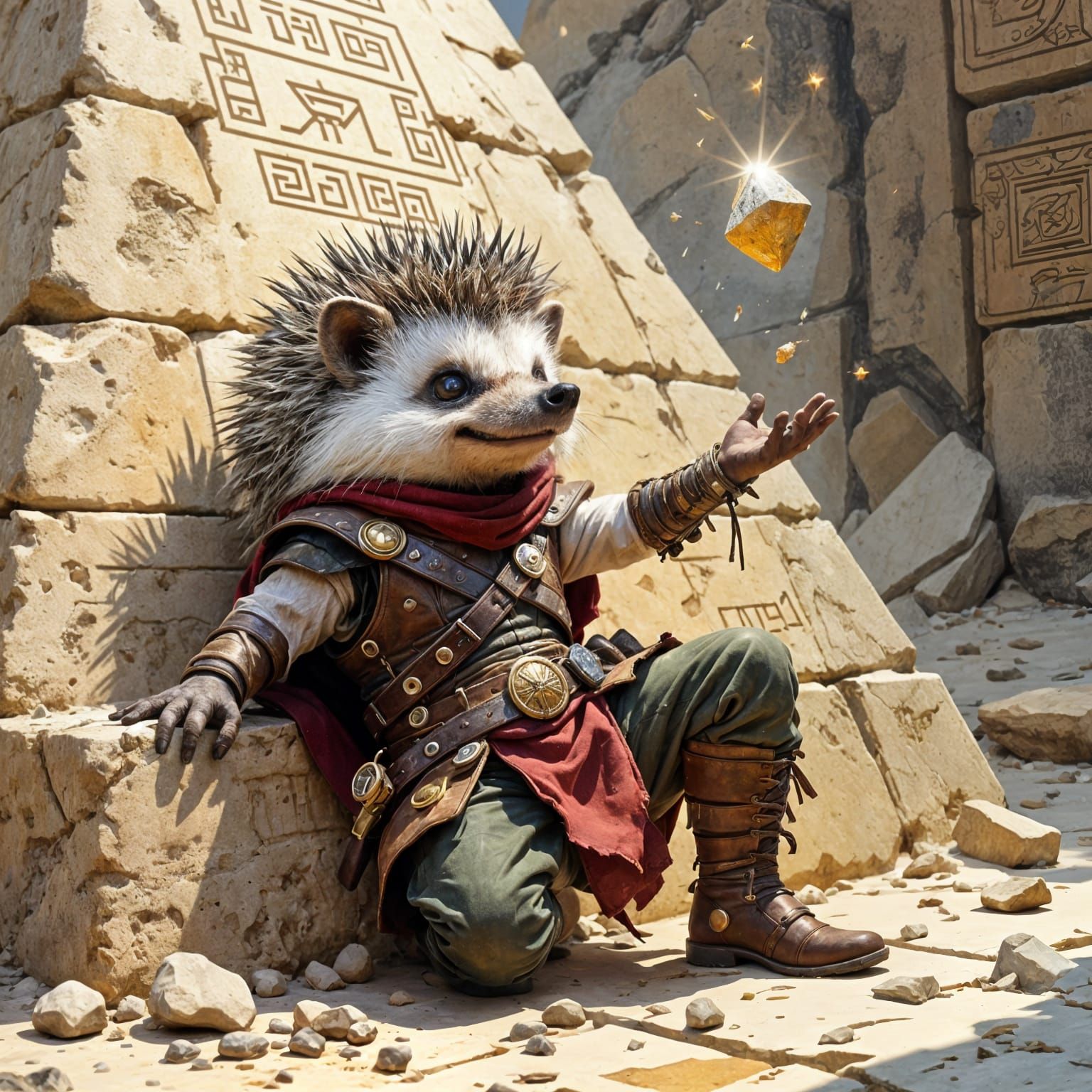 Hedgehog Thief in Pyramid, Hyperrealistic Concept Art