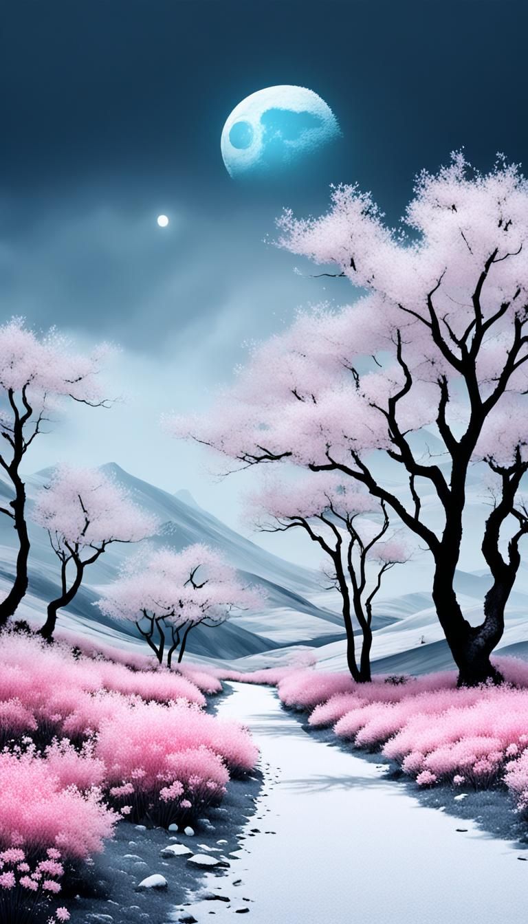 Minimalist Chinese Ink Landscape: Wind, Flowers, Snow, Moon