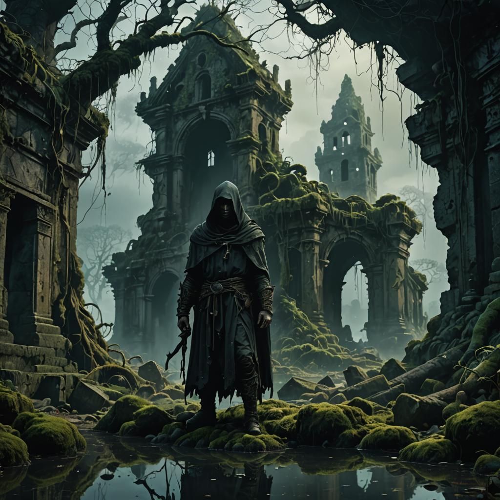 Sinister Figure in Dark Fantasy Landscape