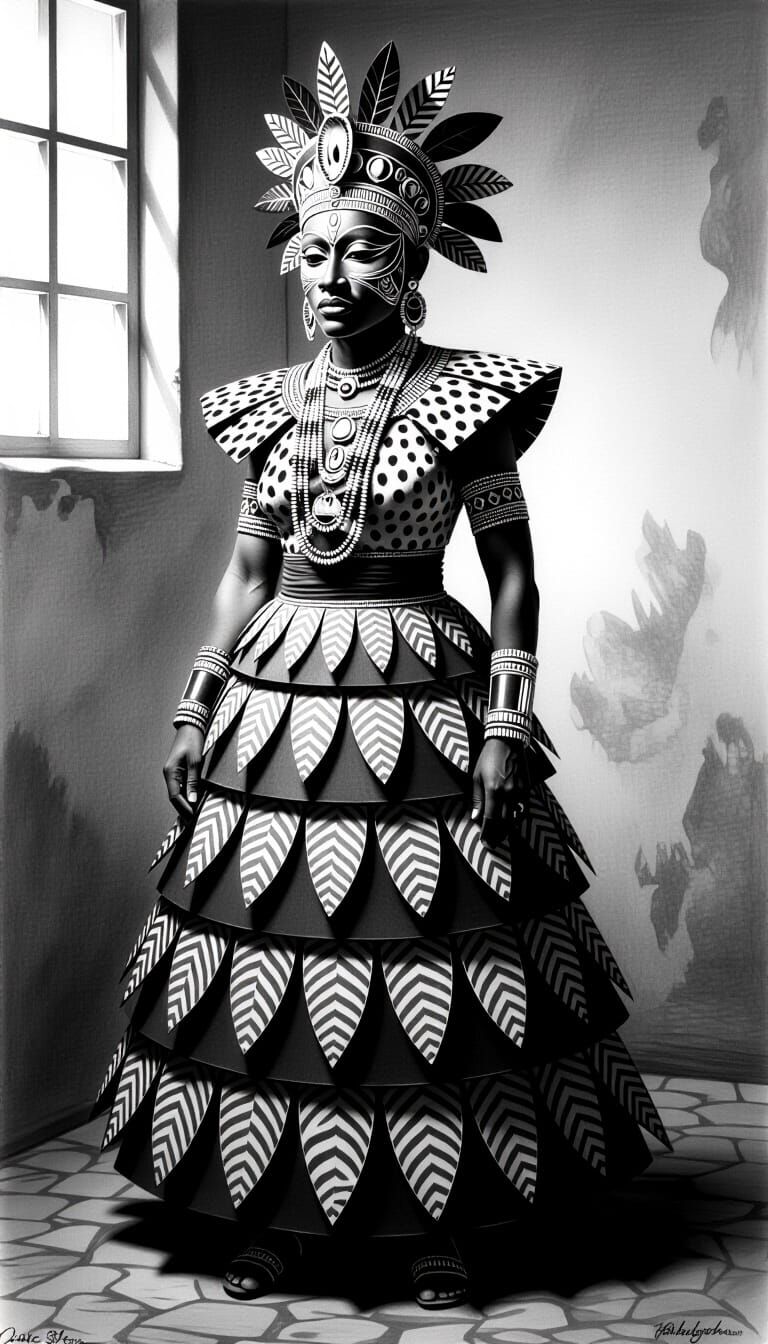 Charcoal Portrait of Elaborate Traditional Costume with Trib...