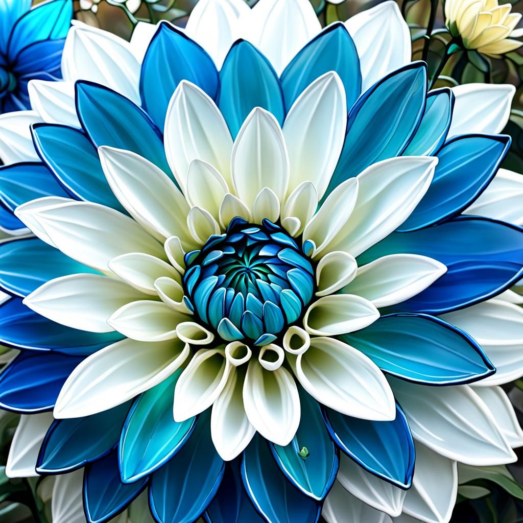 Blue and white  dahlia stained glass
