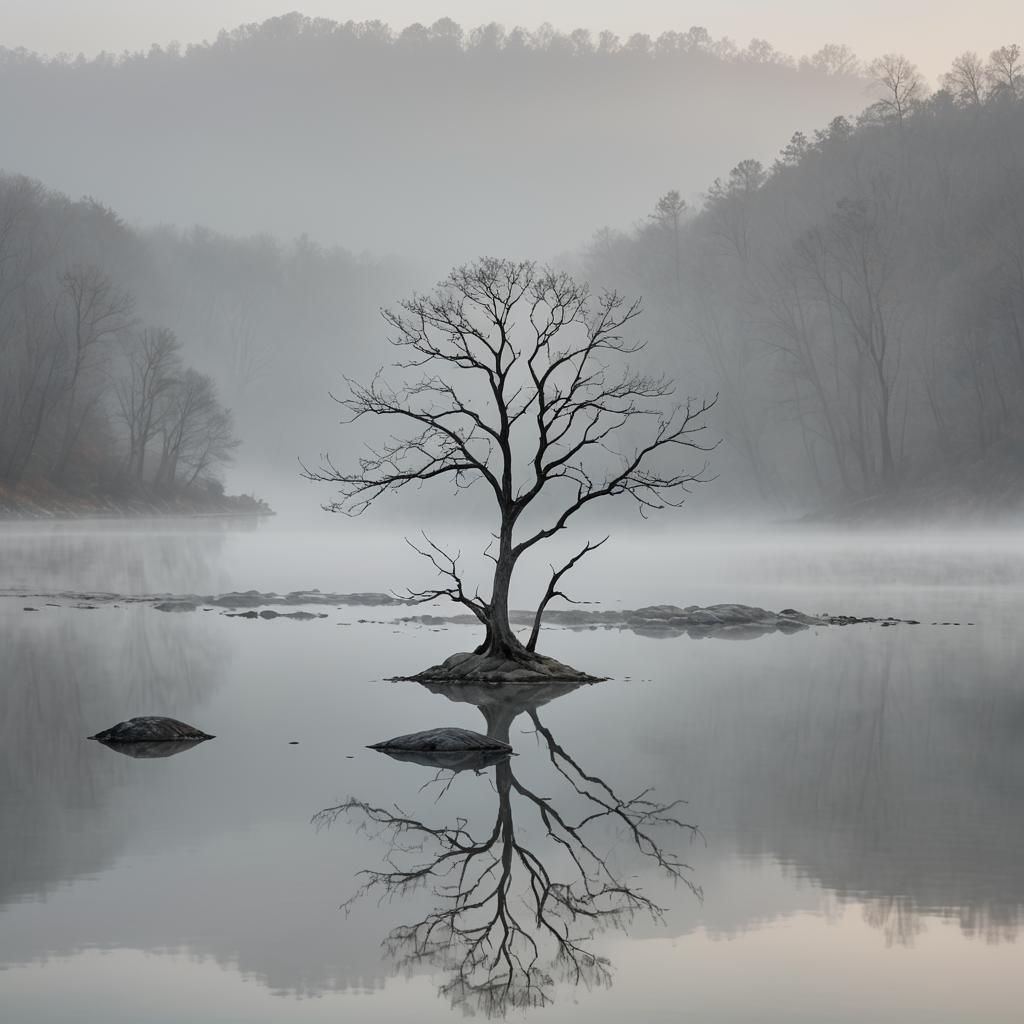 Minimalist Landscape with Bare Tree and Reflection