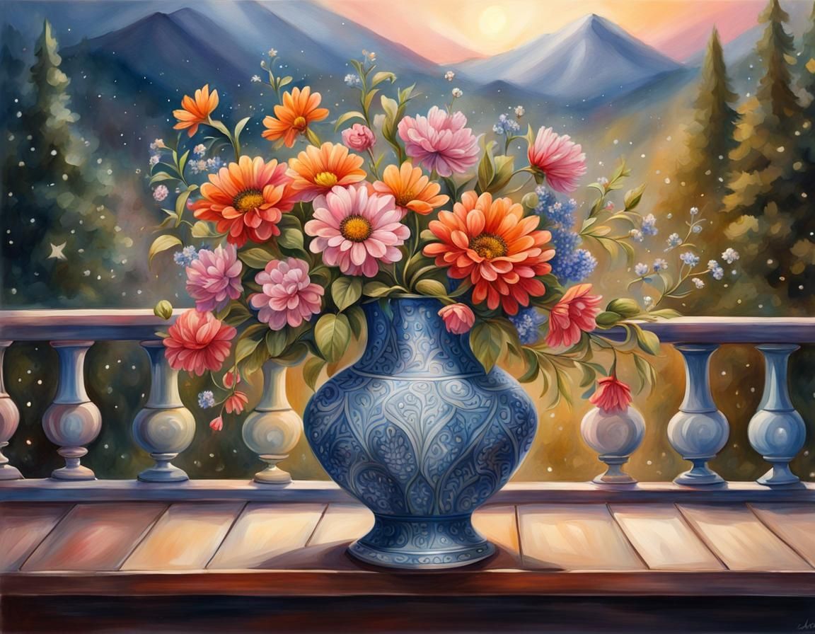 Ornate Flower Vase on Balcony in Atmospheric Oil Painting