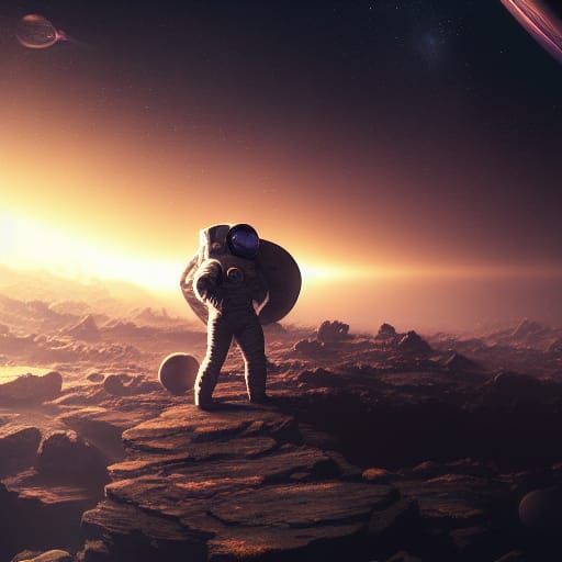 Astronaut Among Saturn Rings in Dark Fantasy Style