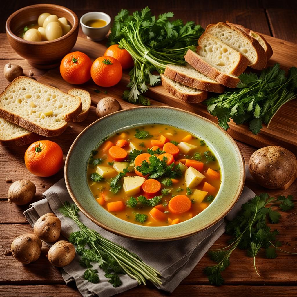 Rustic Vegetable Soup Still Life: Digital Matte Painting