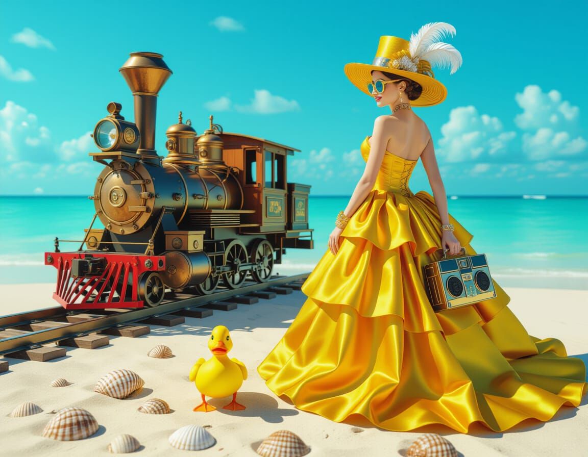 Steampunk Beach Vacation with Boombox in Silk Dress