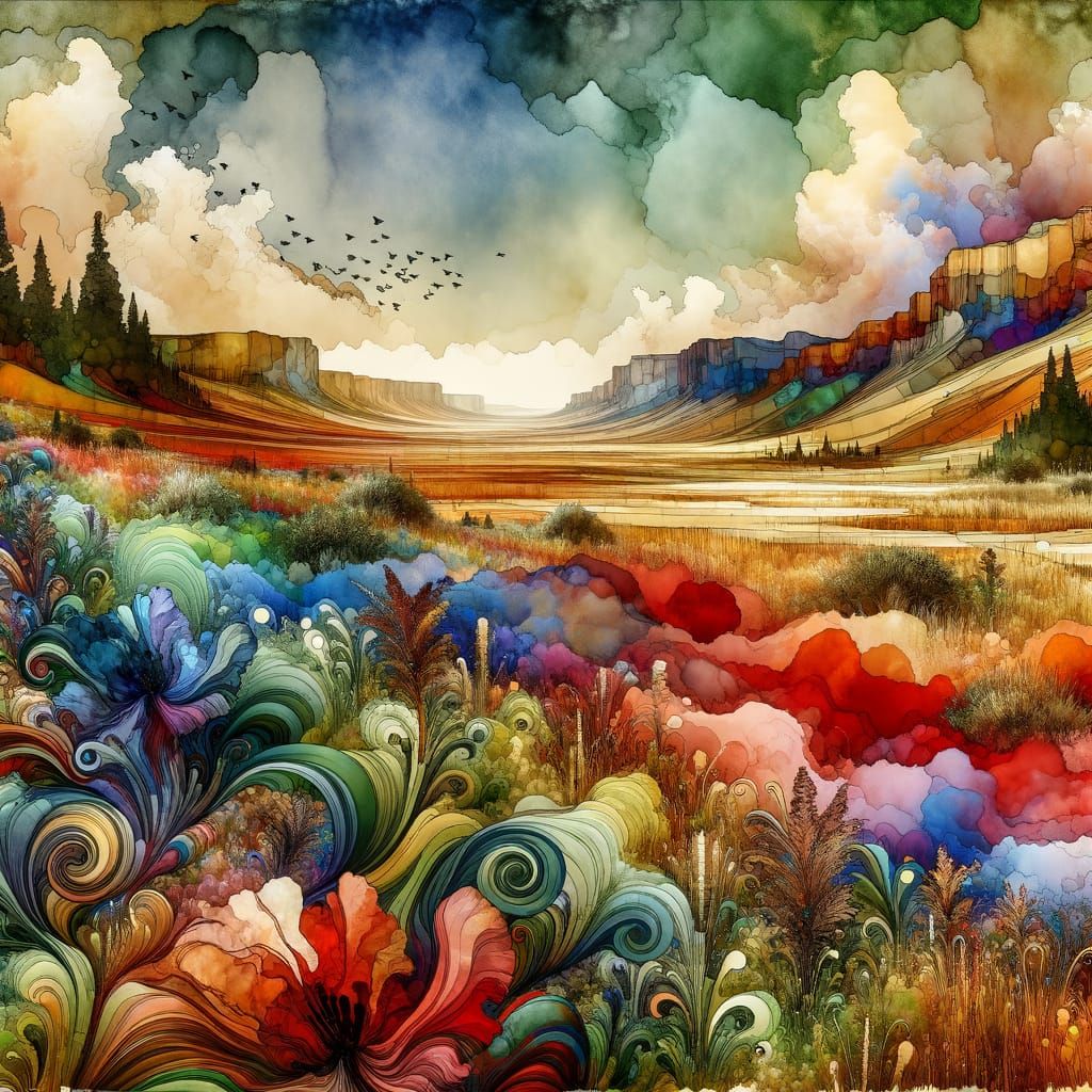Wild Frontier Landscape in Dreamlike Watercolor Style