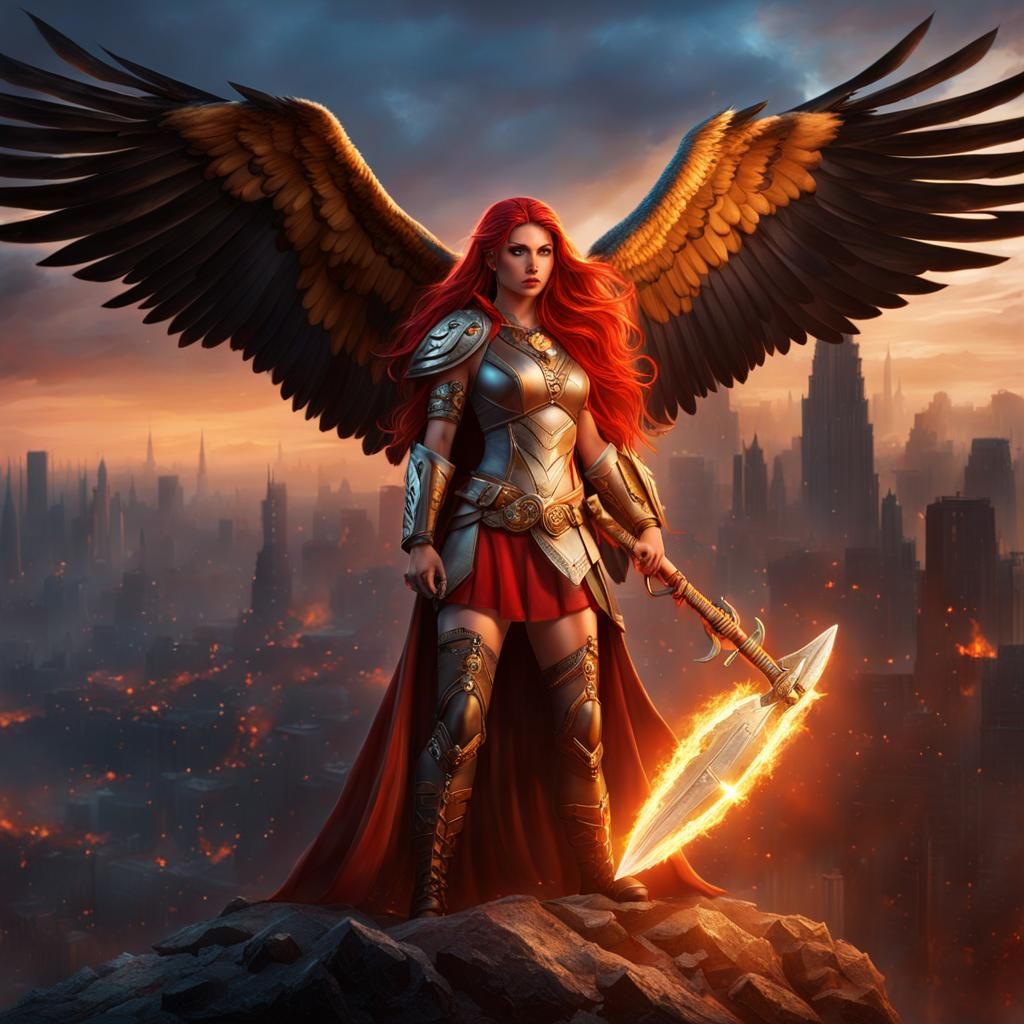 Hawk Girl with Golden Wings and Rune Sword