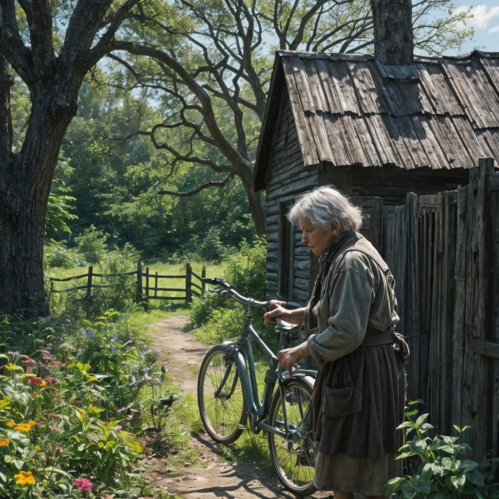 Worn Cottage in Sunny Glade With Old Woman