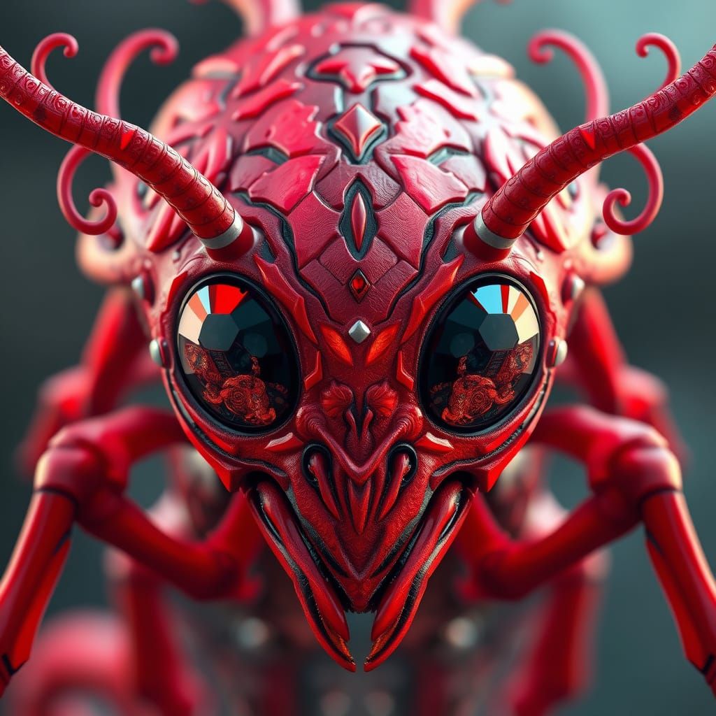 Crimson Insectoid Alien with Multi-Faceted Eyes and Delicate...