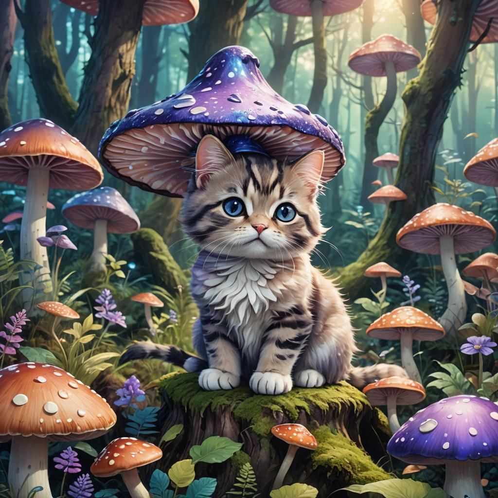Cute Cat on Mushroom in Anime Style