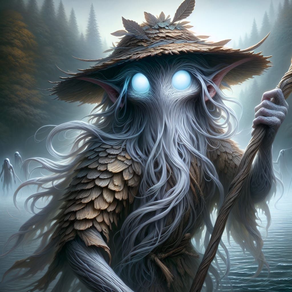 Fantasy Creature with Glowing Eyes, Ancient Leaf Hat, and Sp...