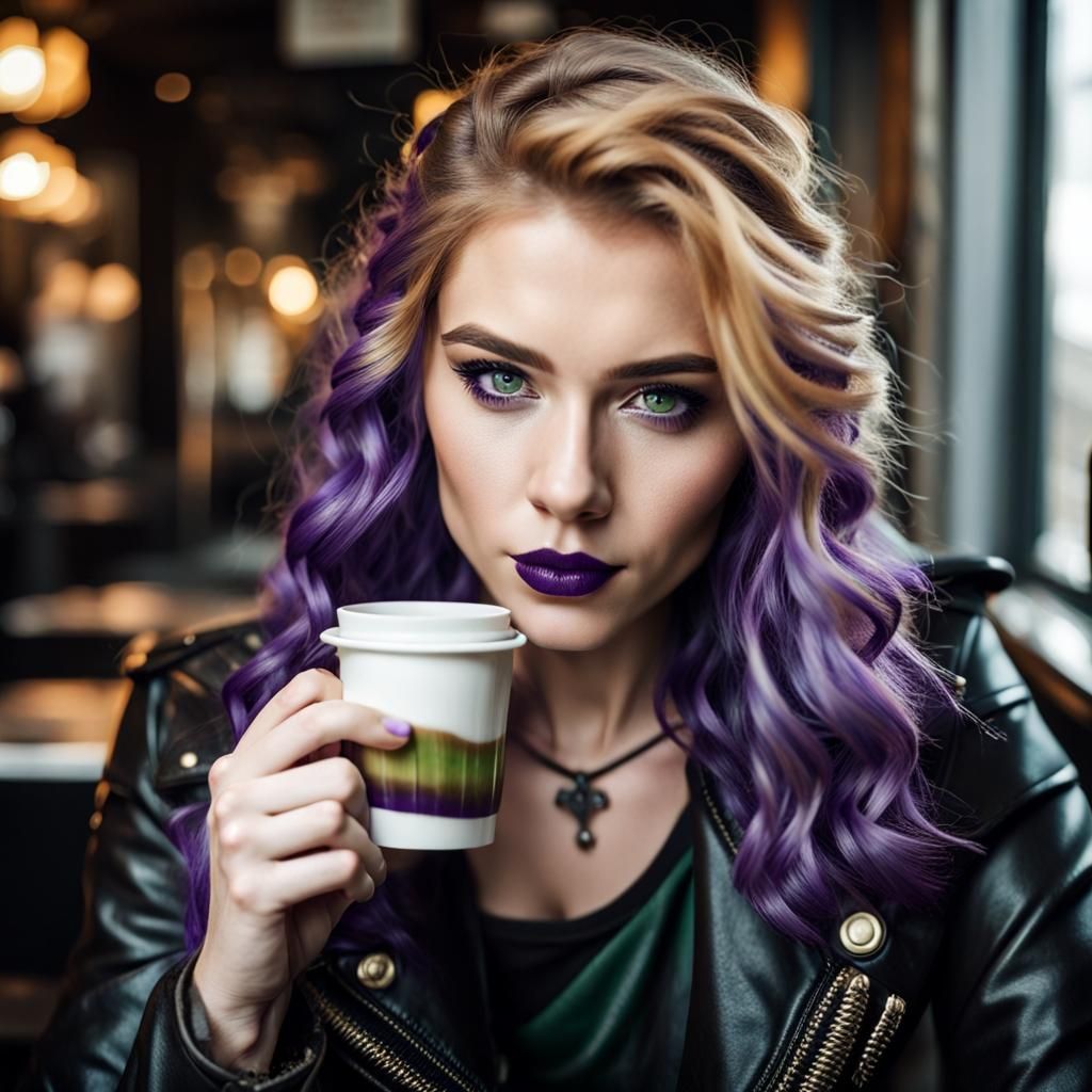 Viking Woman with Purple Hair Drinking Coffee