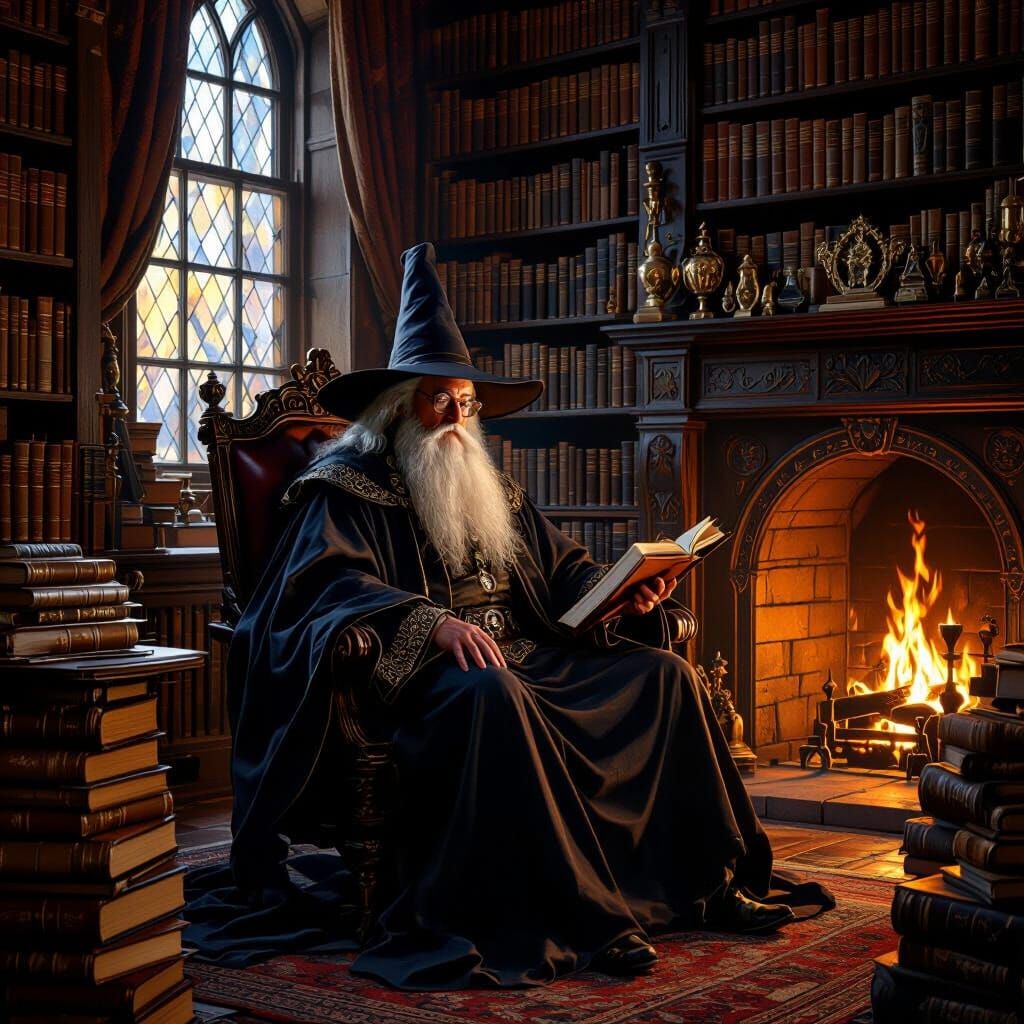 Wizard in Study with Arcane Artifacts, Rembrandt Style