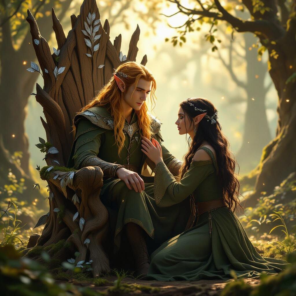 Elven King and Queen in Serene Woodland Hall